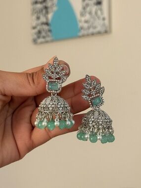 Silver Jhumka Earrings with Mint Green Beads